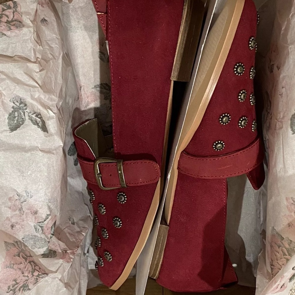 Joyfolie Leather Suede Embellished Burgundy Harlow Flat Loafers Ankle Strap - Picture 3 of 3